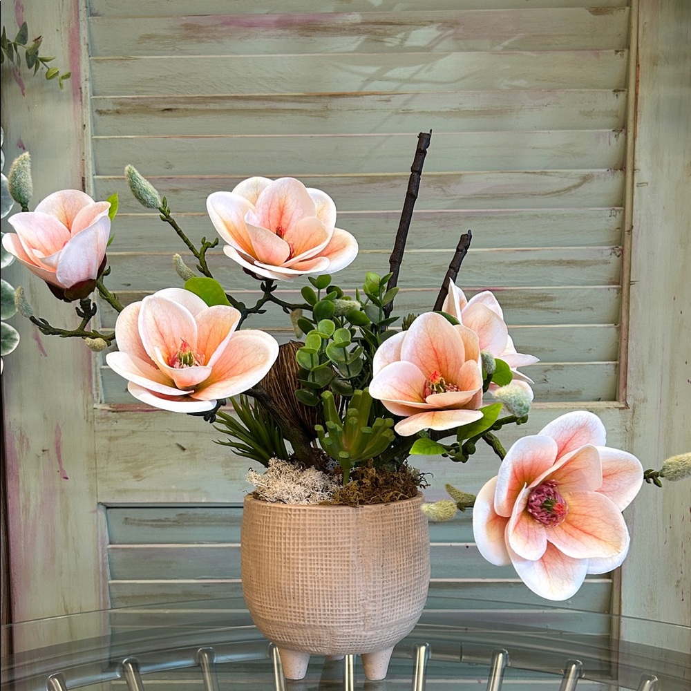 Charming Blush Faux Floral Arrangement in Rustic Pot